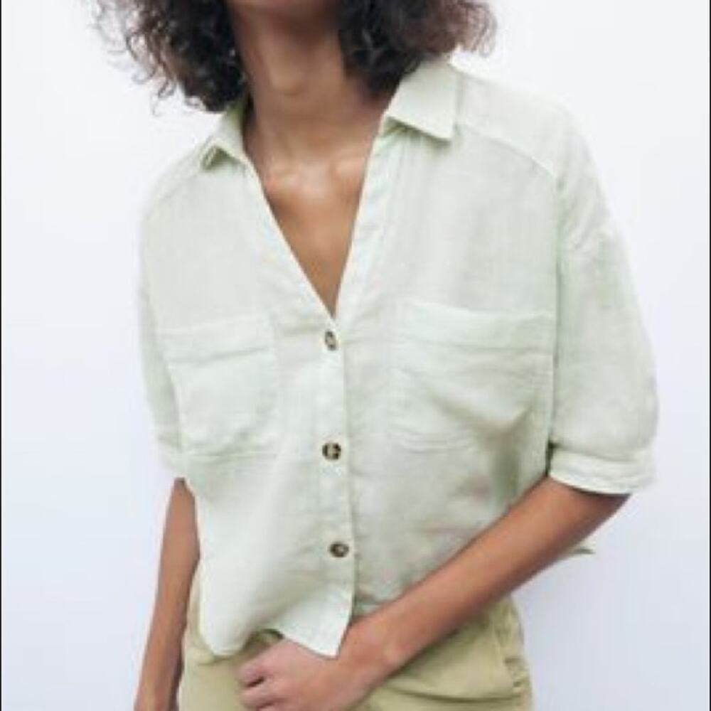 Zara Green Cropped Linen Shirt Size S Boxy Button Front Collared Short Sleeve
